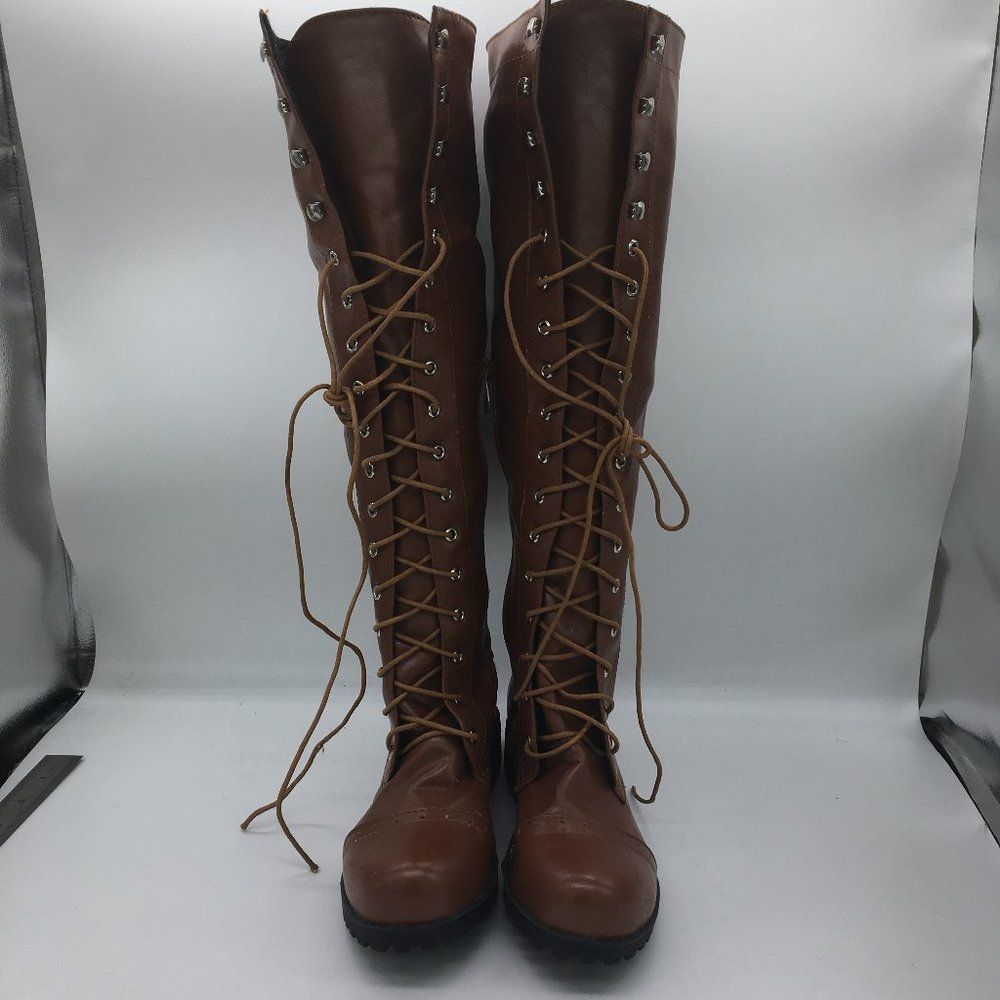 Brown Knee High Boots Chunky Heels Lace-up Zipper Winter Boots Shoes